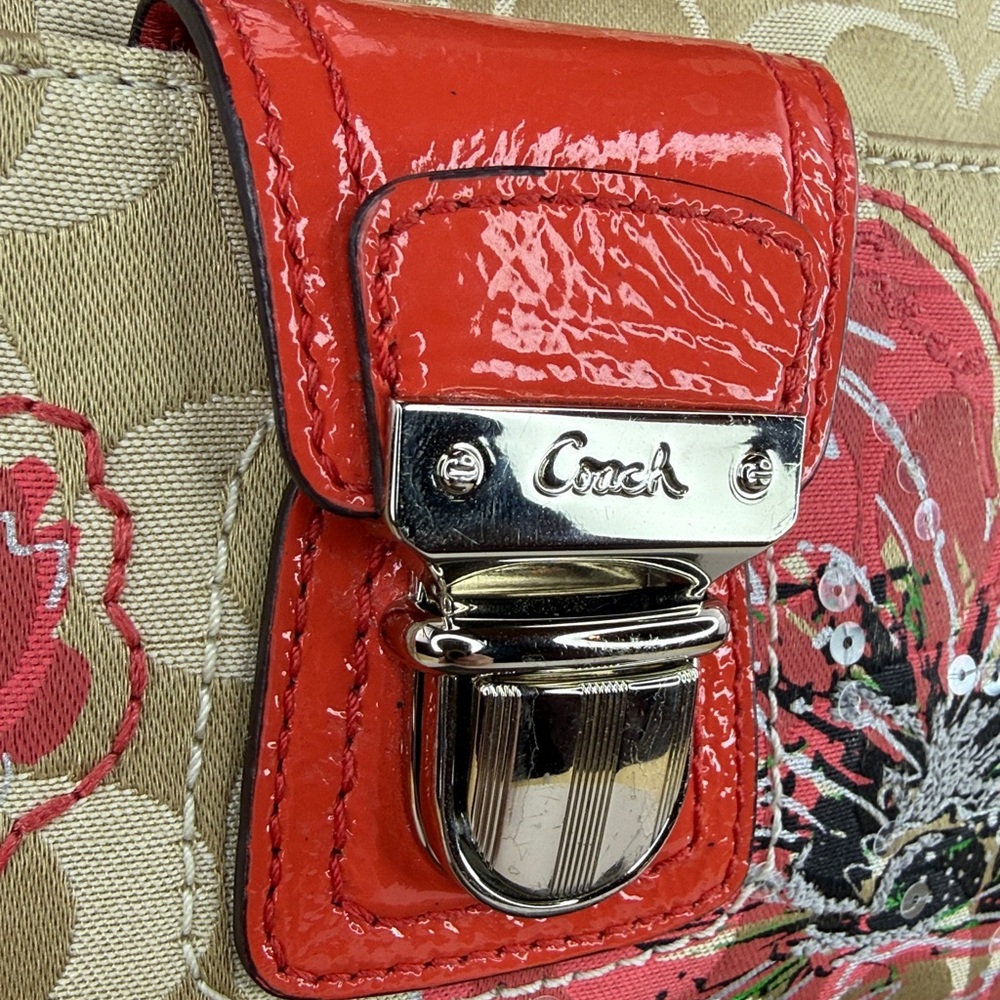 💥COACH - RARE Poppy Khaki Signature Coral Flower Sequin Crossbody Bag - 45U099 - Picture 4 of 13